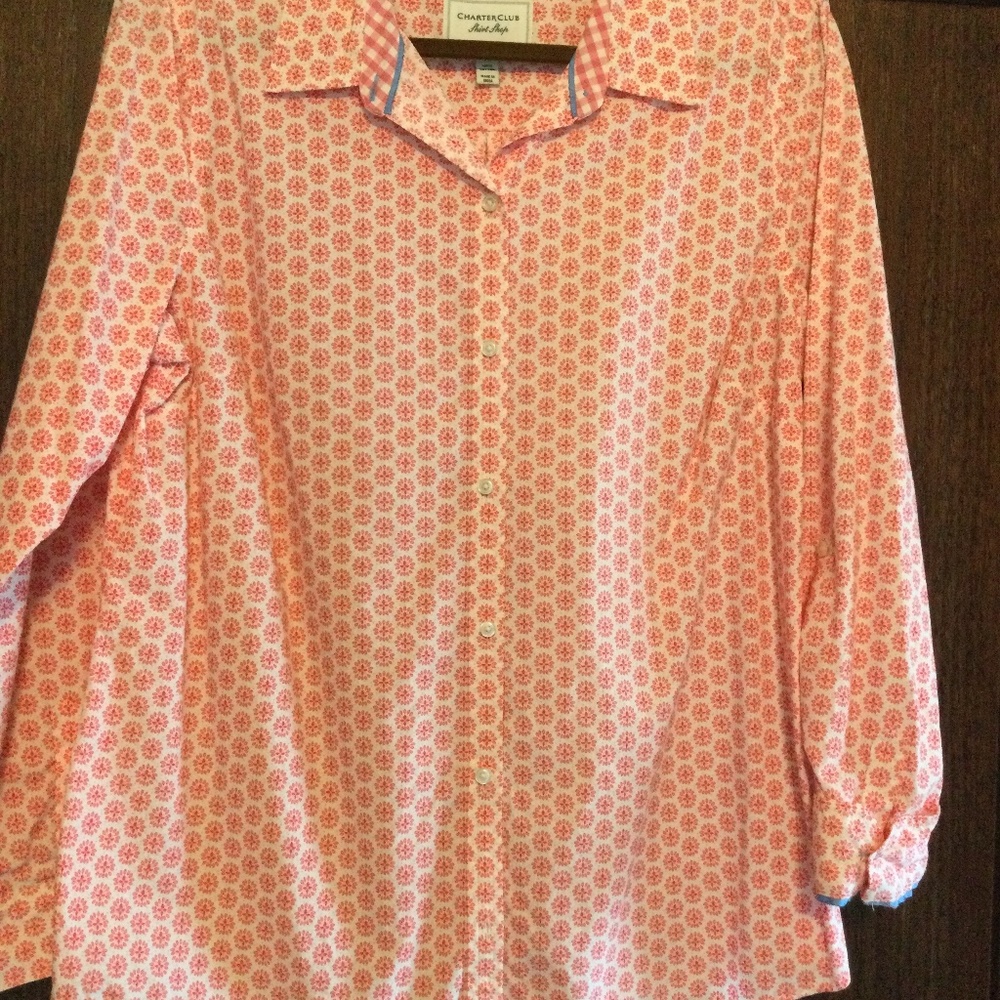 Charter Club button down collared relaxed fit long sleeve floral Shirt size 14